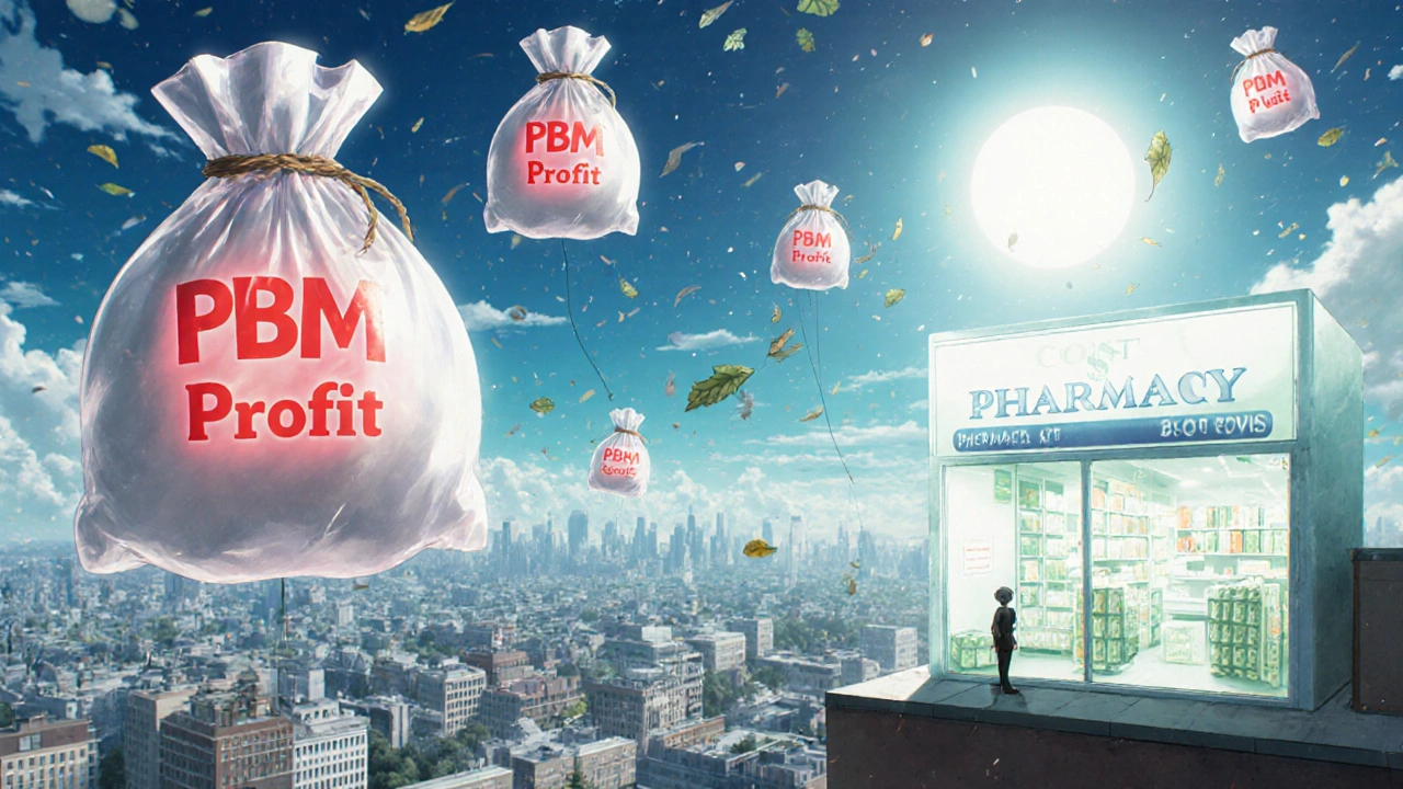 Un paysage financier imaginaire où des sacs d&#039;argent géants flottent, les petites pharmacies sont minuscules, une pharmacie transparente brille au loin.