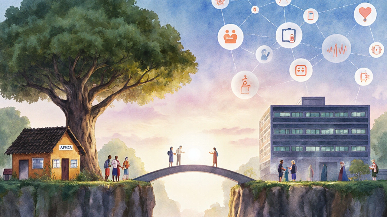 Un paysage mondial reliant un village et une clinique moderne par un pont de lumière, symbole de progrès thérapeutique.