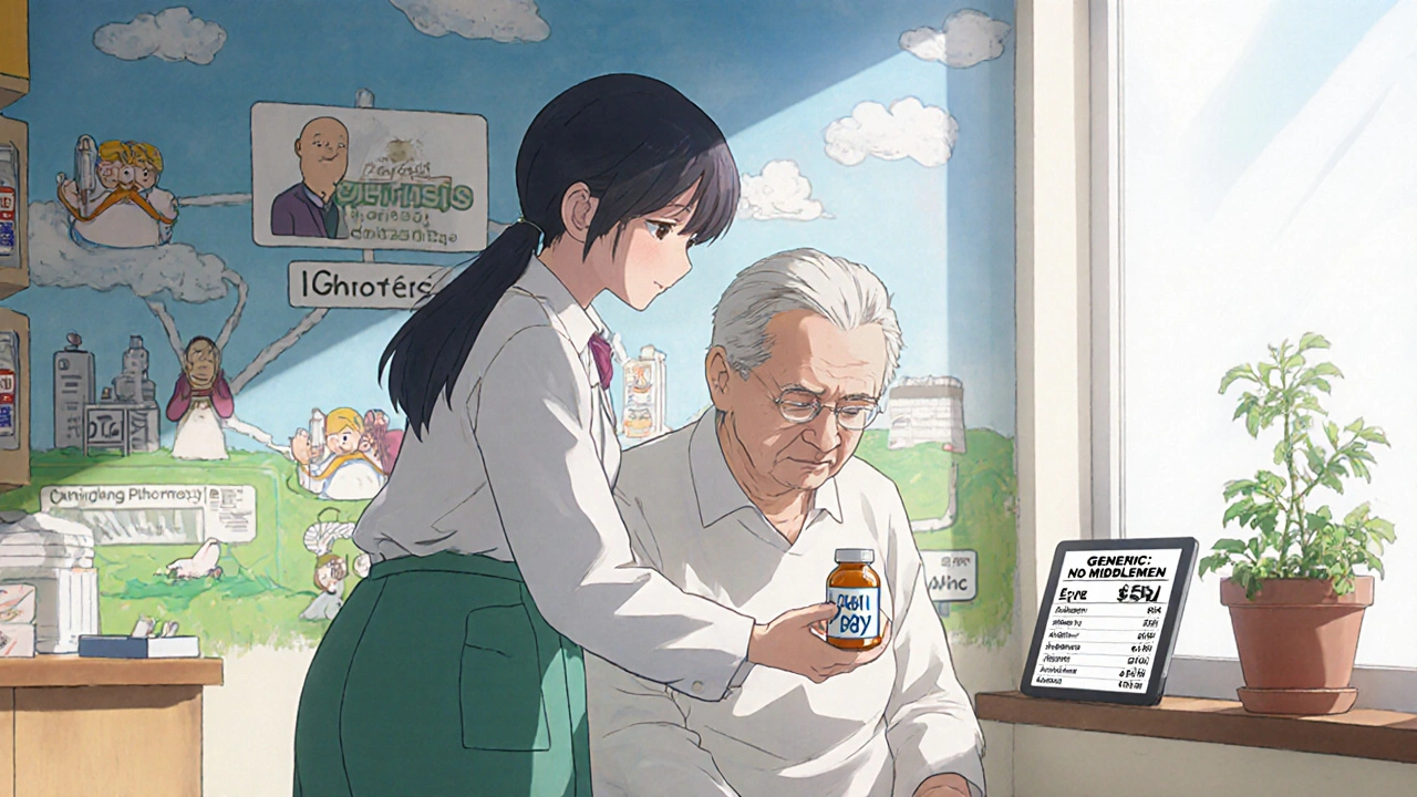 Un pharmacien aide un patient avec une bouteille de médicament &#039;Cash Pay&#039;, derrière eux des ficelles de PBM se brisent, une plante pousse sur le rebord.