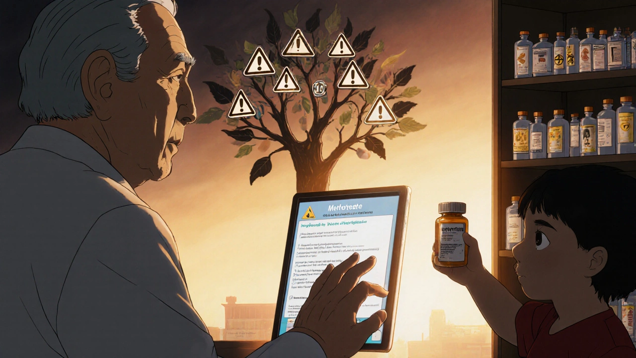 Un pharmacien regarde une alerte sur un écran, tandis que les médicaments forment un arbre lumineux dans l&#039;arrière-plan.