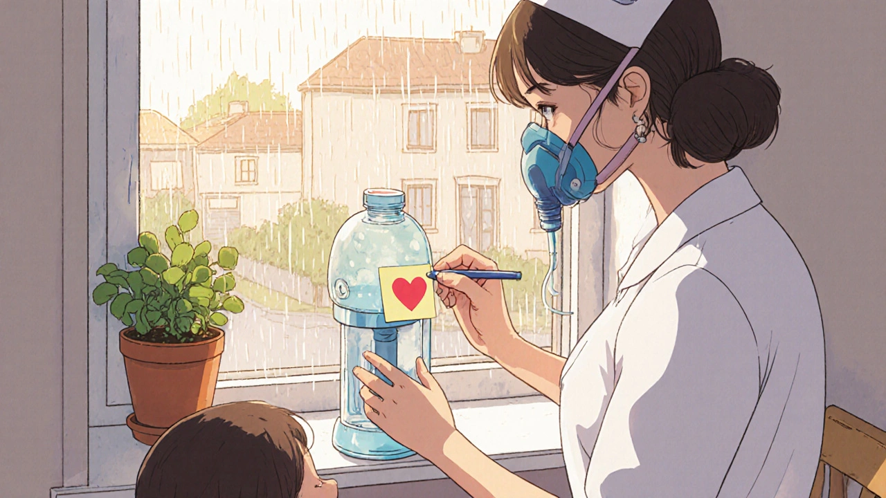 Un spacer et un masque séchant au soleil sur un rebord de fenêtre, avec une note dessinée par un enfant.