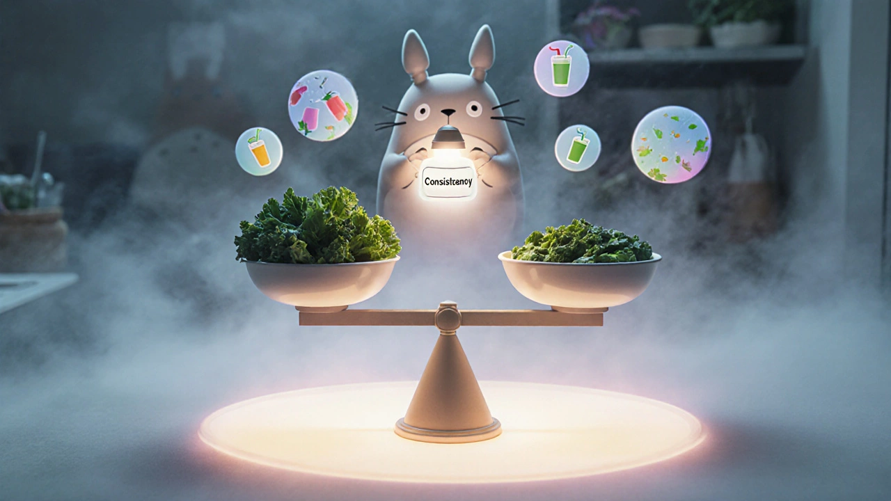 Une balance flottante équilibre deux bols de légumes verts, entourée d&#039;icônes symbolisant les facteurs de stabilité.