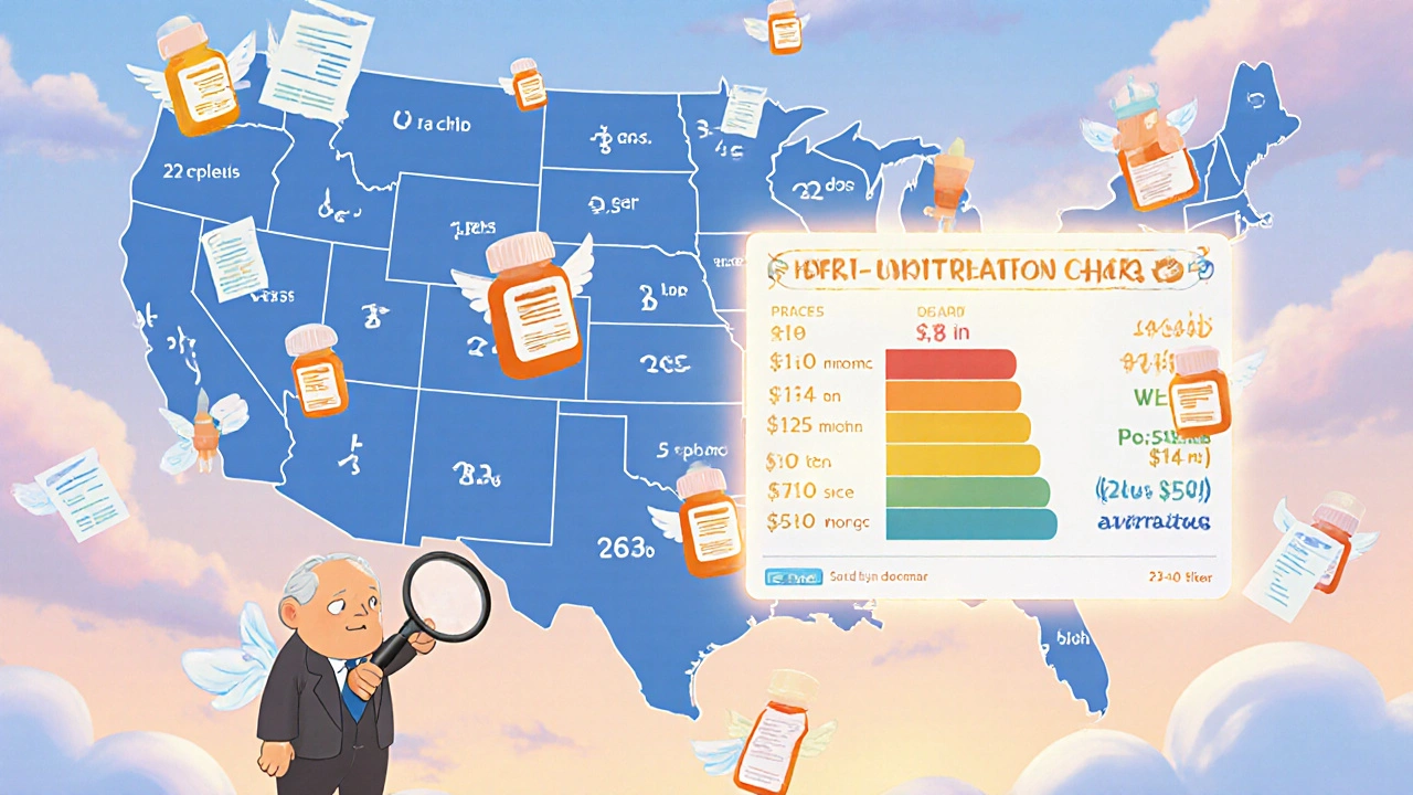 Une carte magique des pharmacies américaines avec des médicaments qui changent de niveau de coût, observée par un personnage avec une loupe.