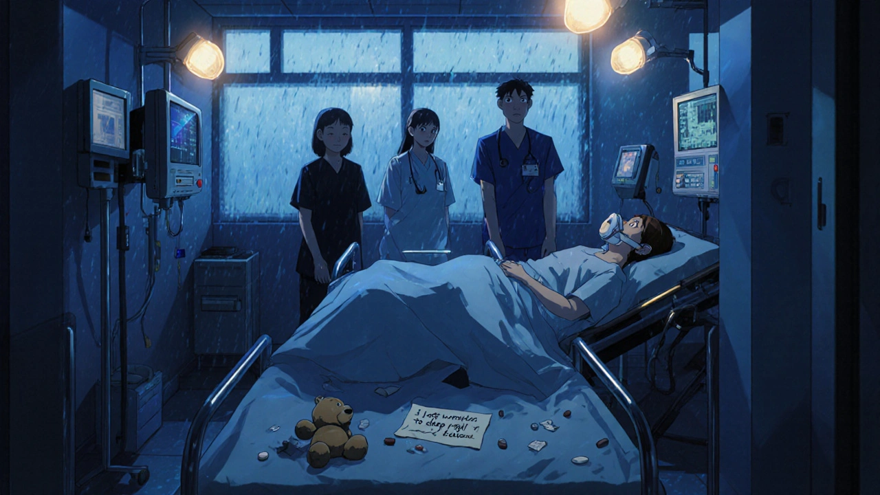 Une équipe médicale en urgence dans une salle d&#039;hôpital au lever du jour, une famille en arrière-plan, des pilules éparses au sol.