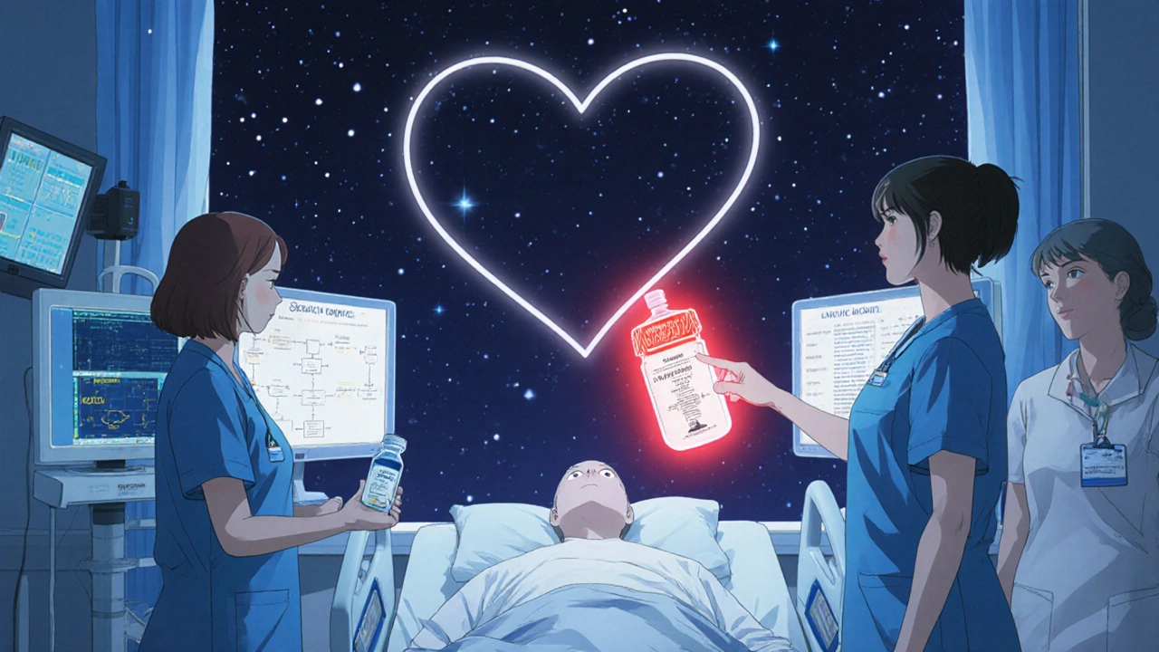 Une équipe médicale participe à une simulation réelle avec un mannequin, entourée de symboles flottants de sécurité médicamenteuse.