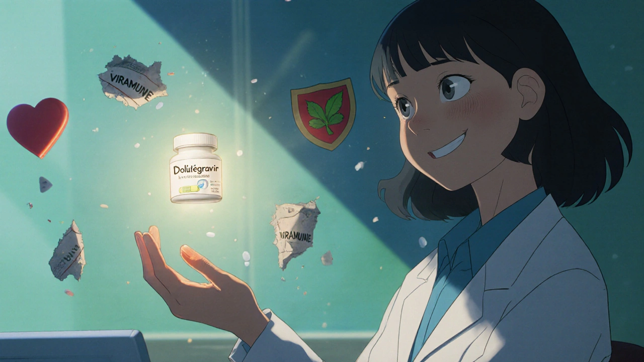 Une femme reçoit un traitement moderne en consultation, tandis que des pilules anciennes disparaissent doucement.