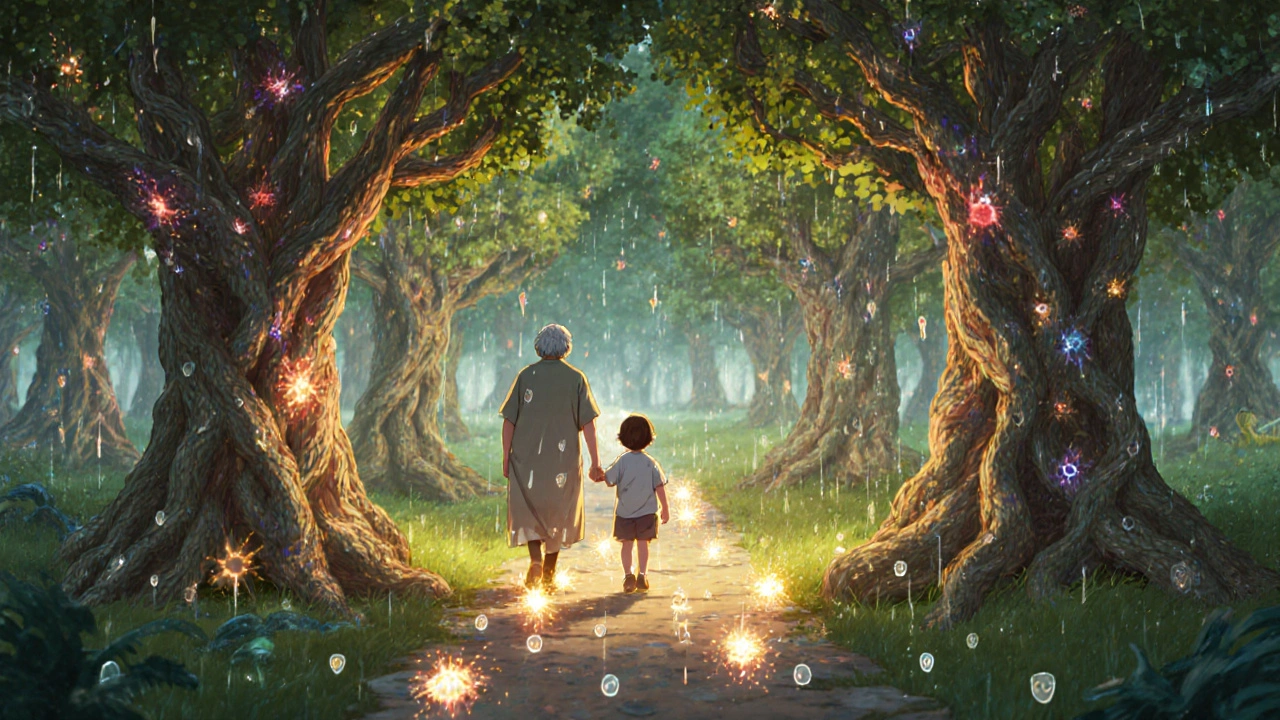 Une forêt magique où les cellules rétiniennes forment des arbres, illuminées par des étincelles de protection visuelle.