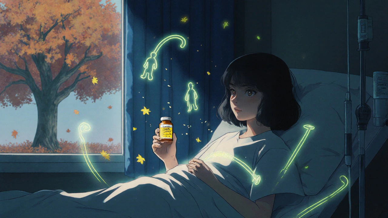 Une patiente en chimiothérapie avec des suppléments qui affaiblissent les lignes de traitement lumineuses autour d&#039;elle.