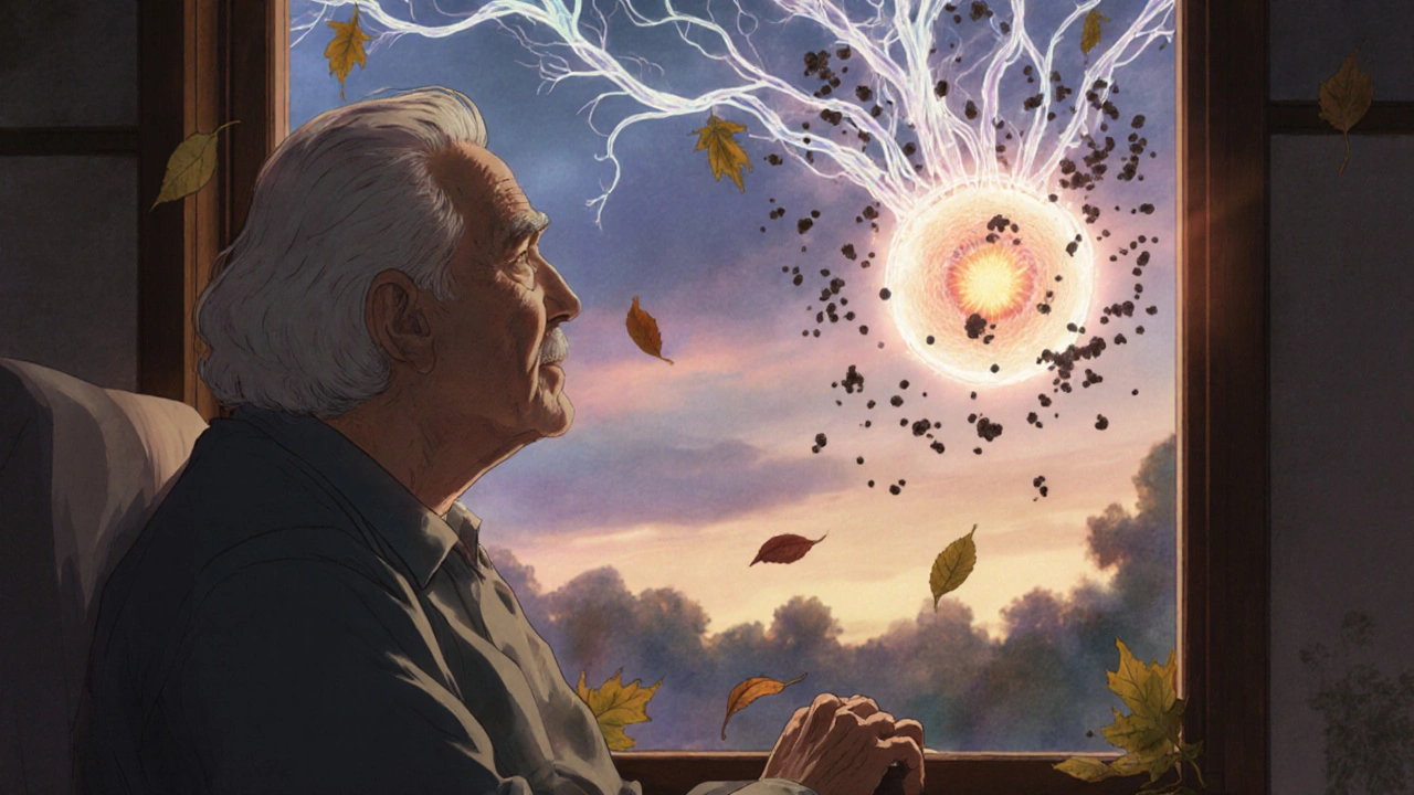 Une personne âgée regardant par la fenêtre, protégée par un énergie lumineuse reliant son œil à son nerf optique.