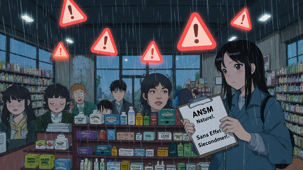 Une pharmacie parisienne remplie de compléments avec des visages inquiets derrière les bouteilles et des symboles d&#039;avertissement flottants.