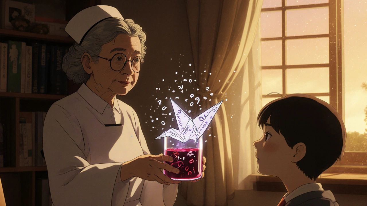 Une prise de sang se transforme en oiseau de papier lumineux, symbole du score FIB-4 dans un bureau chaleureux.