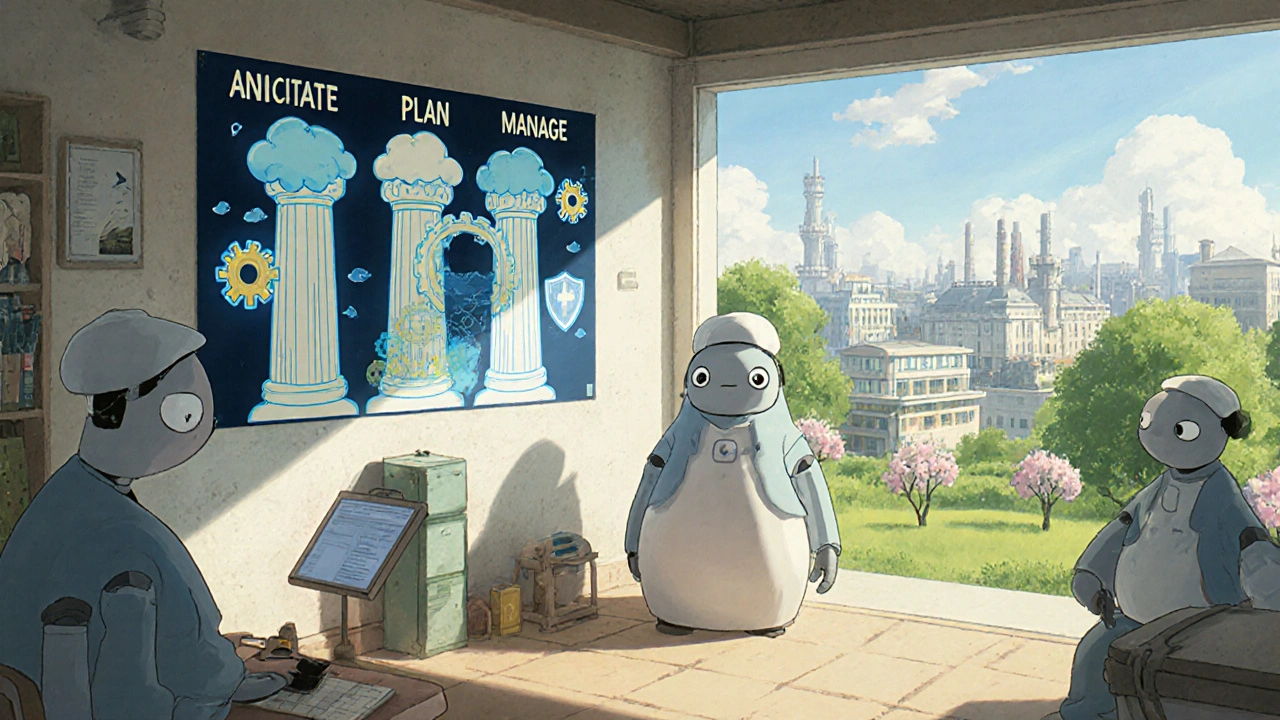 Usine pharmaceutique rurale avec des travailleurs robotiques et une carte holographique montrant les piliers de la résilience.