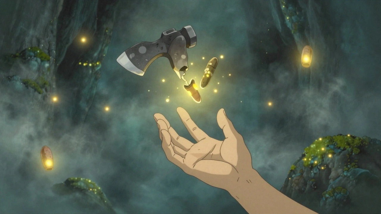 Axone fragmenté aux extrémités vacillantes, avec des mitochondries-lanternes faiblement brillantes, dans un espace cérébral mystique.