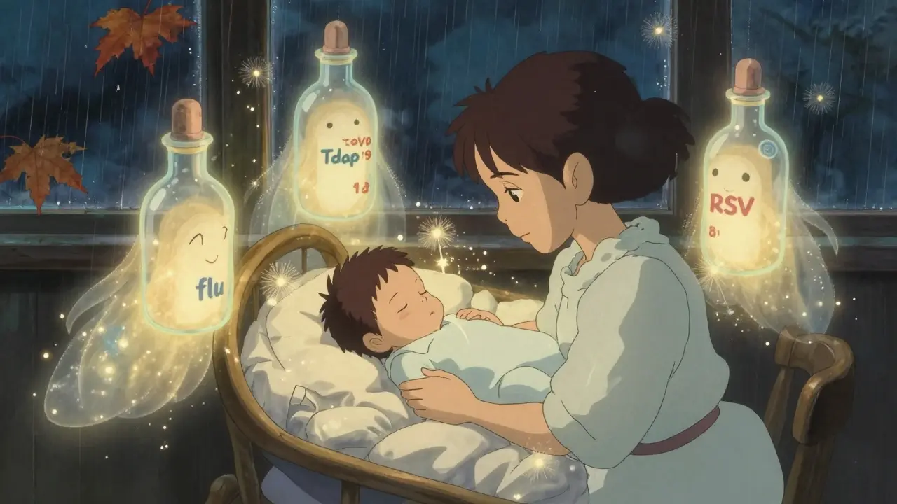 Bébé endormi entouré de quatre esprits lumineux représentant les vaccins protecteurs.