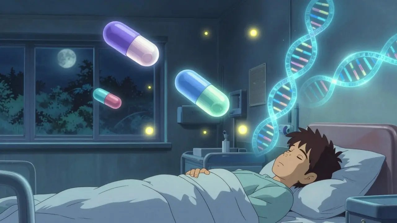 Des antibiotiques flottants comme des lucioles au-dessus d'un patient endormi, avec une hélice ADN lumineuse dans l'air.