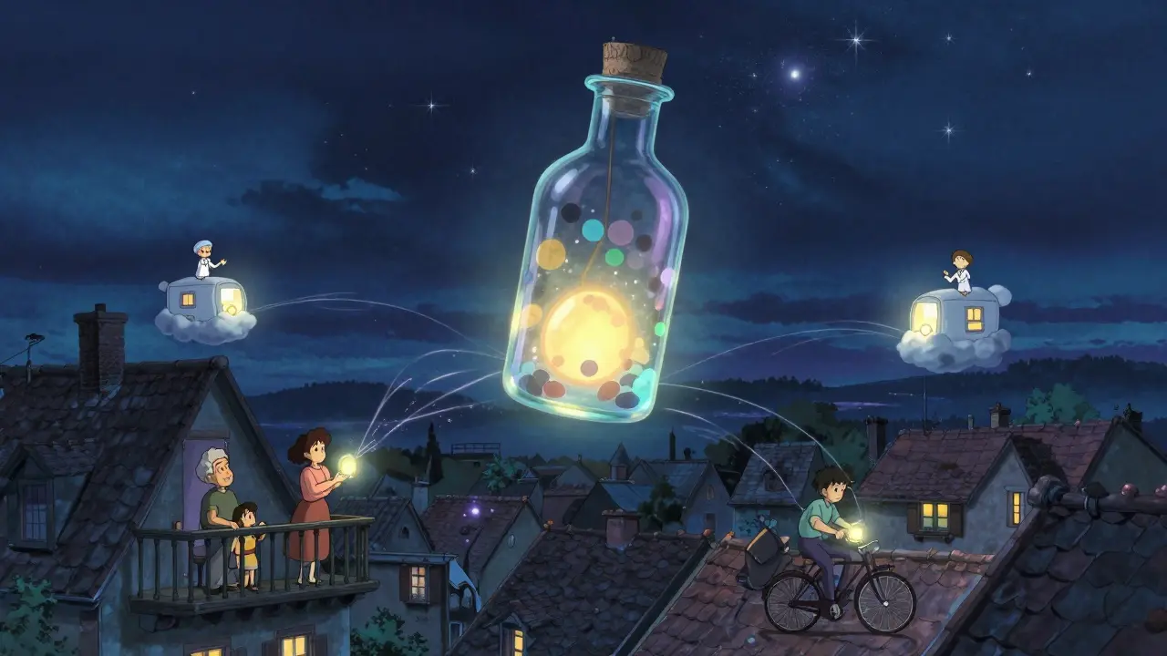 Des boîtes de médicaments flottantes dans le ciel nocturne, livrées à des habitants d'un village français sous la lune.