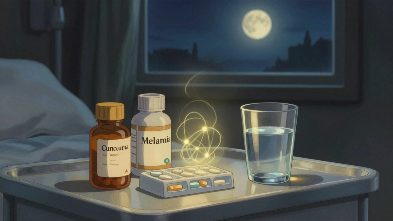 Des bouteilles de compléments sur une table de chevet sous la lune, avec des interactions invisibles.