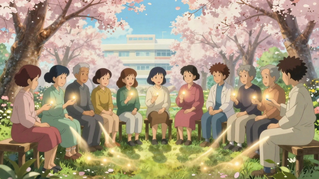 Des patients de tous âges dans un jardin lumineux, tenant des pilules qui émettent des rayons dorés.