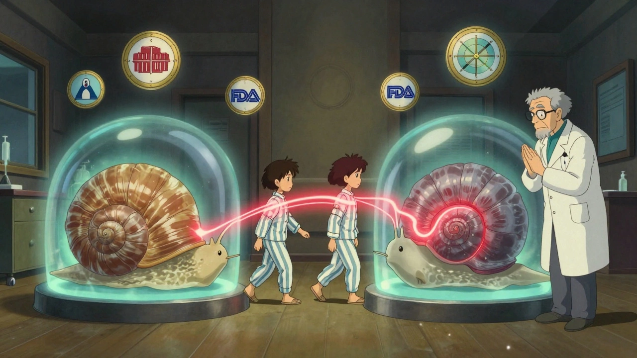 Des patients se déplacent entre deux chambres en forme d'escargot, leurs traînées de concentration sanguine se fondant harmonieusement.