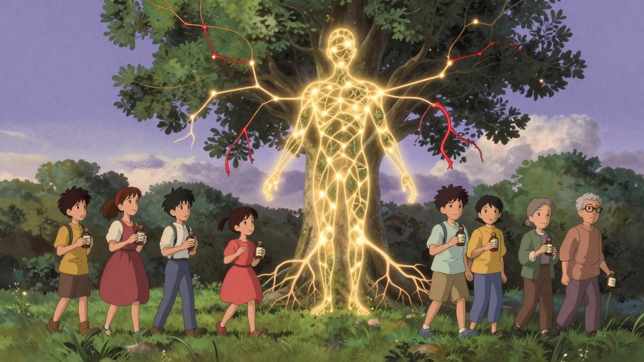 Des personnes marchent vers un arbre magique dont les racines représentent les interactions médicamenteuses.