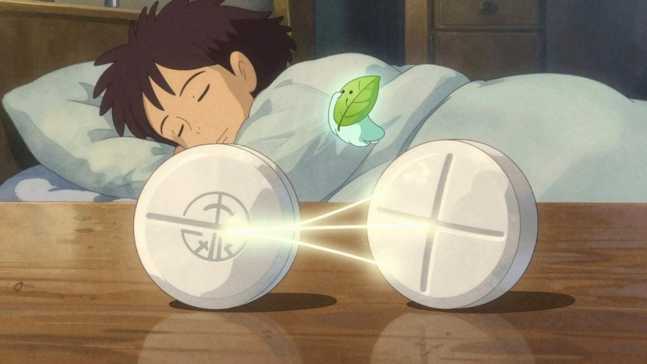 Deux pilules identiques côte à côte, reliées par des fils lumineux, sur une table en bois.