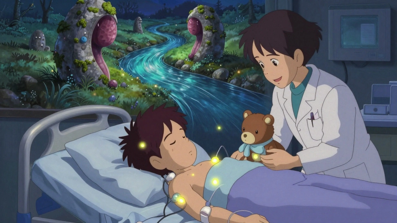 Enfant en étude du sommeil avec des capteurs lumineux, un paysage onirique montrant les voies respiratoires obstruées.