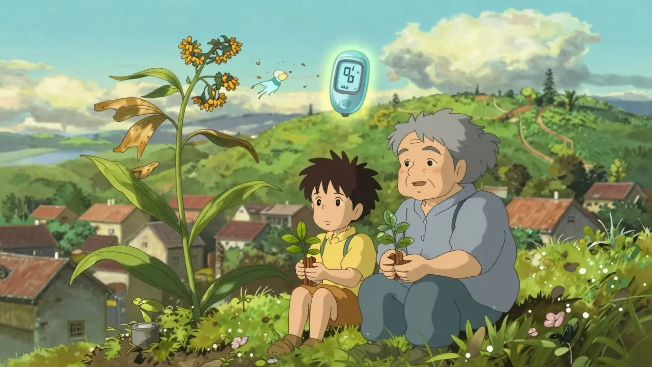 Enfant et personne âgée sur une colline tenant des alternatives sûres, une plante de goldenseal fanée s'efface à l'arrière-plan.