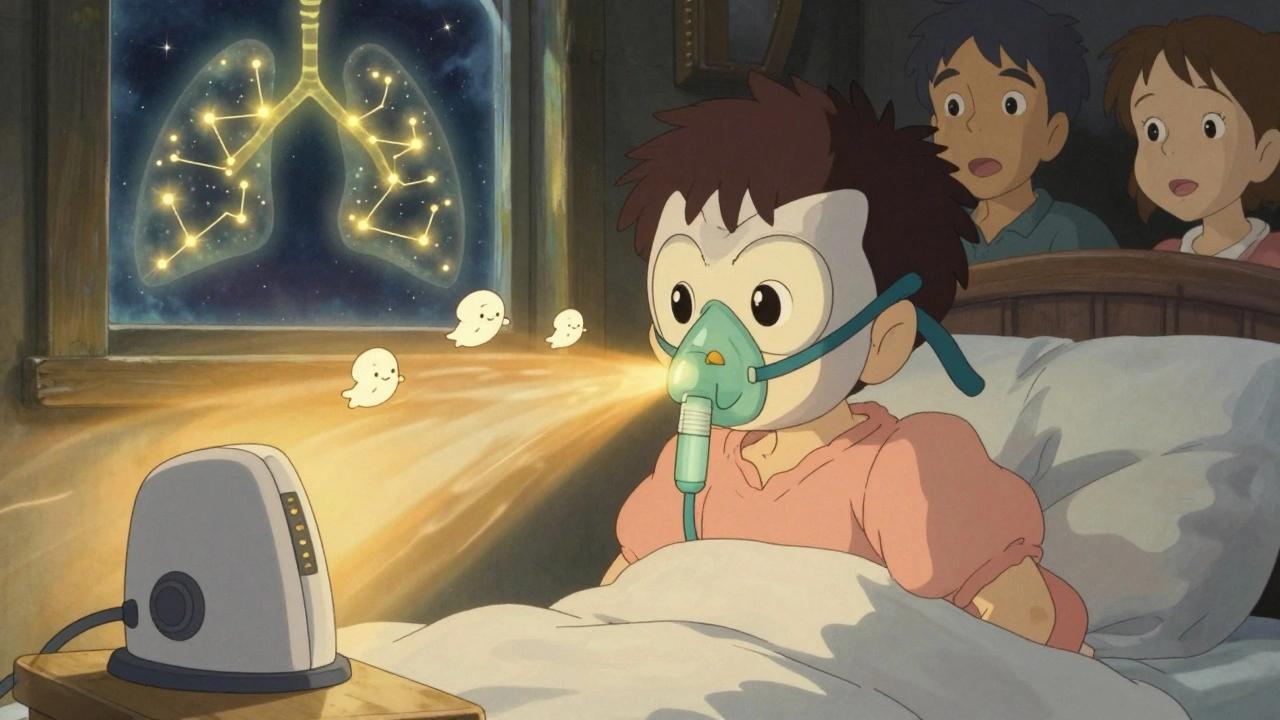 Enfant portant un masque CPAP en forme de hibou, entouré de sprites d'air dorés qui guident la respiration pendant le sommeil.