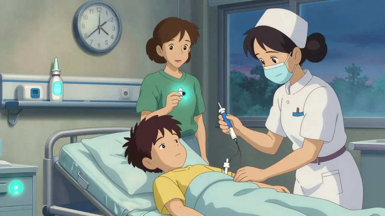 Enfant reposant à l'hôpital après injection, parents tenant l'injecteur vide, lumière du crépuscule et plantes lumineuses.