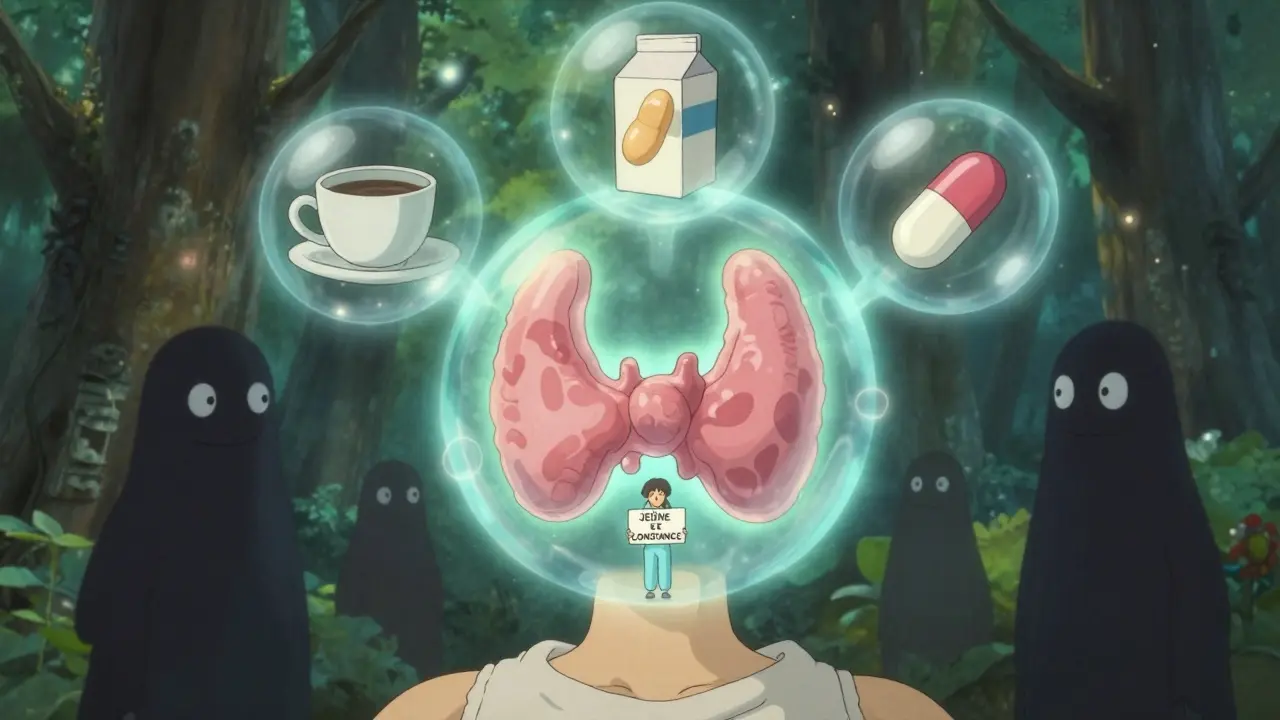 Glande thyroïde lumineuse repoussant cinq substances qui bloquent son absorption, dans un paysage apaisant.