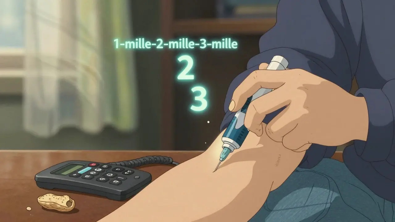 Main pressant un auto-injecteur sur la cuisse, des chiffres lumineux indiquent 3 secondes, téléphone en arrière-plan.