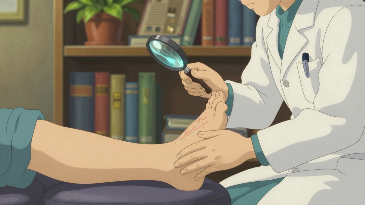 Médecin vérifiant la sensibilité du pied d'un patient, avec des vaisseaux sanguins subtilement lumineux.