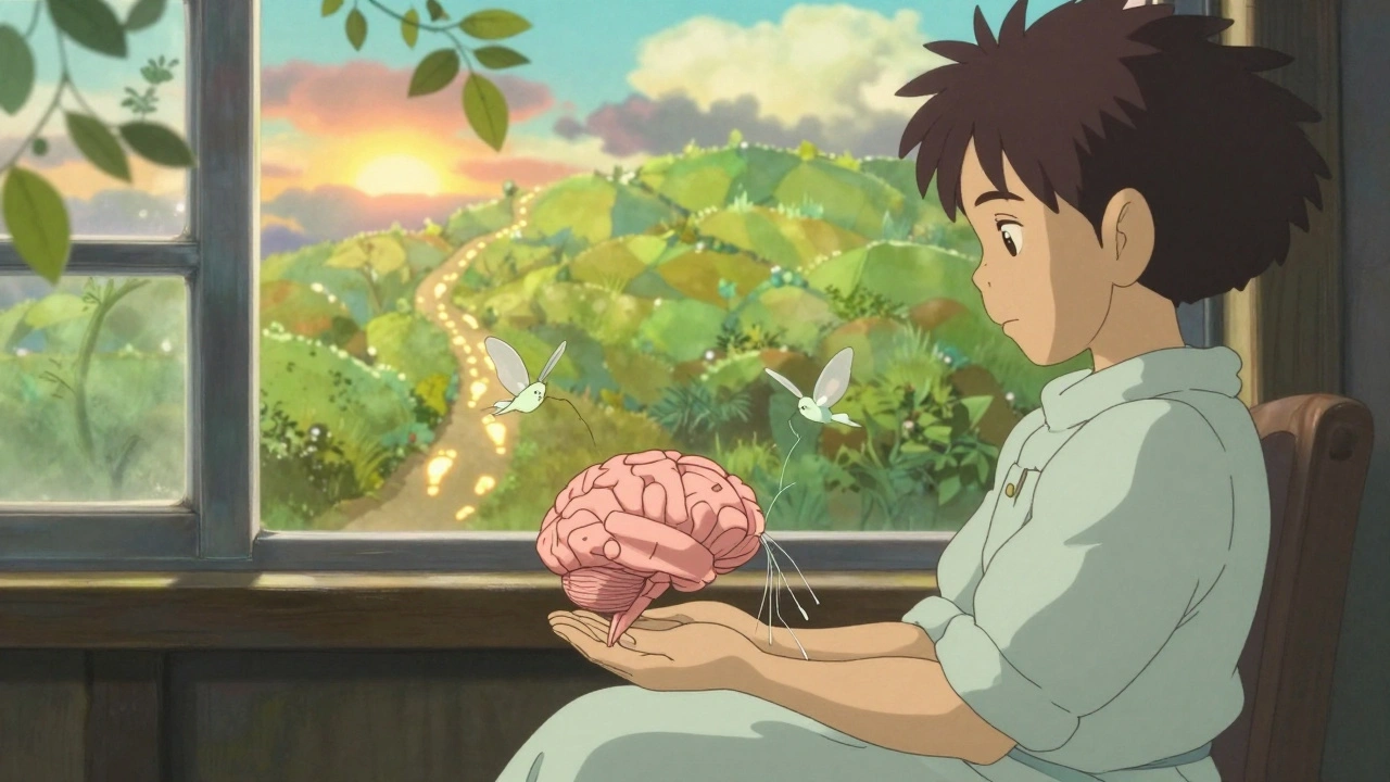 Patient assis près d'une fenêtre, un cerveau en papier plié flotte doucement, réparé par des esprits ailés, symbolisant l'espoir de régénération.
