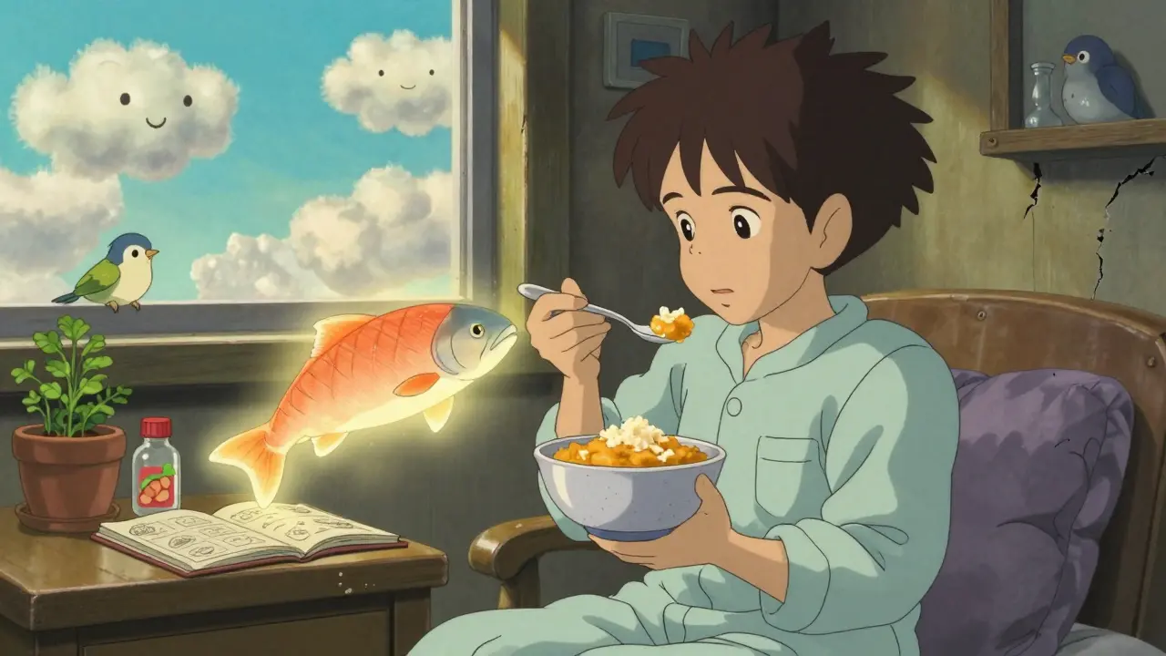 Patient dans une chambre d'hôpital mangeant une purée avec un esprit de saumon flottant à côté, lumière chaleureuse et herbe qui pousse dans un mur.