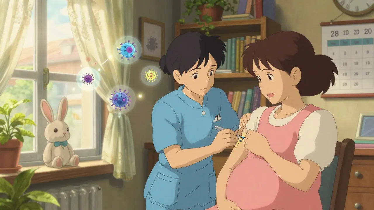 Sage-femme vaccinant une femme enceinte dans une salle d'attente chaleureuse.