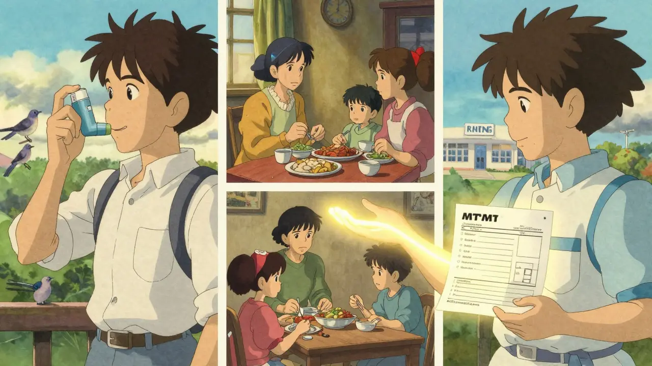 Trois patients vivent mieux grâce à la MTM : un inhalateur abordable, un repas partagé, et un chemin lumineux vers un soin accessible.