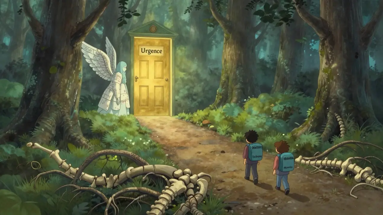 Un chemin magique mène à une porte d'urgence, entouré de racines en forme de vertèbres, dans un paysage onirique Ghibli.