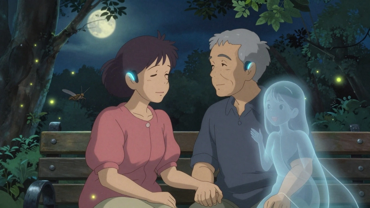 Un couple âgé sur un banc de parc, des particules sonores lumineuses flottent autour d'eux sous la lune.