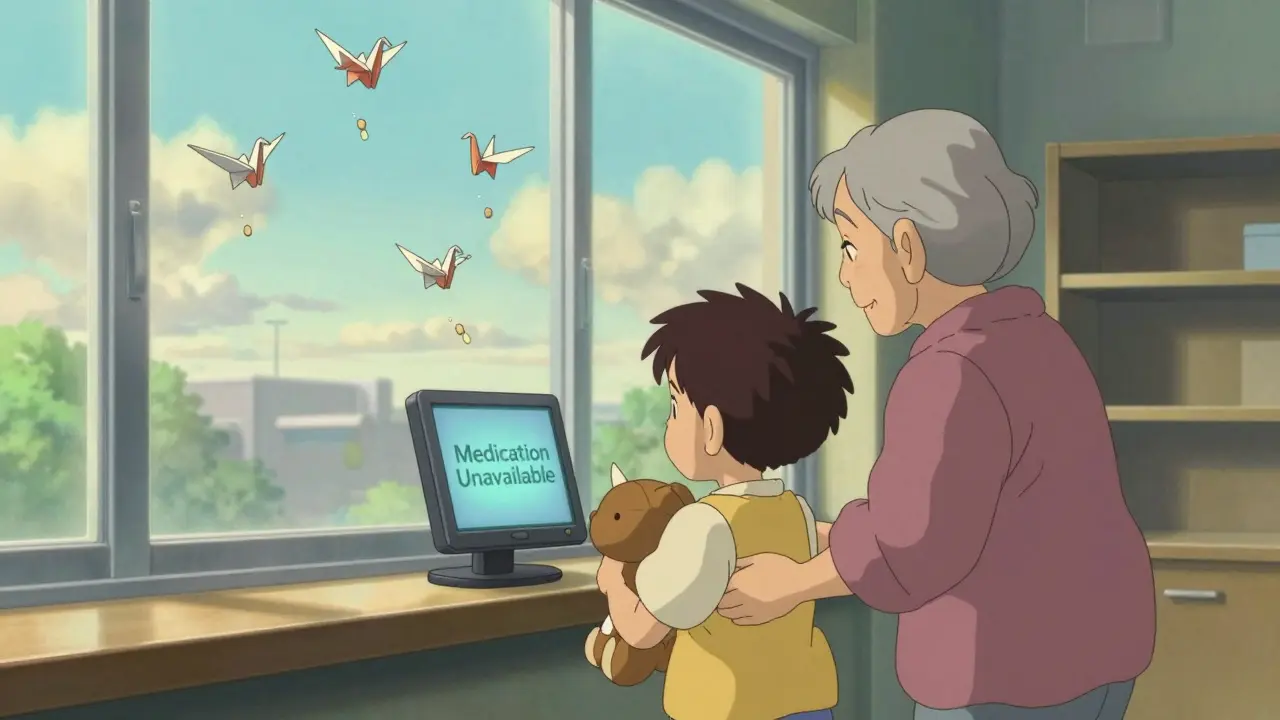 Un enfant et son grand-parent regardent un écran indiquant 'Médicament indisponible', des grues de papier s'envolent.