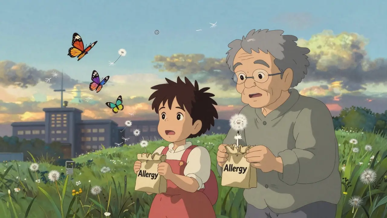 Un enfant et un aîné dans un champ, leurs allergies s'évanouissant en papillons et en graines de pissenlit.