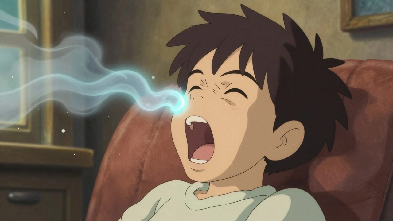 Un enfant qui bâille largement, un tube lumineux relie son oreille à son nez.