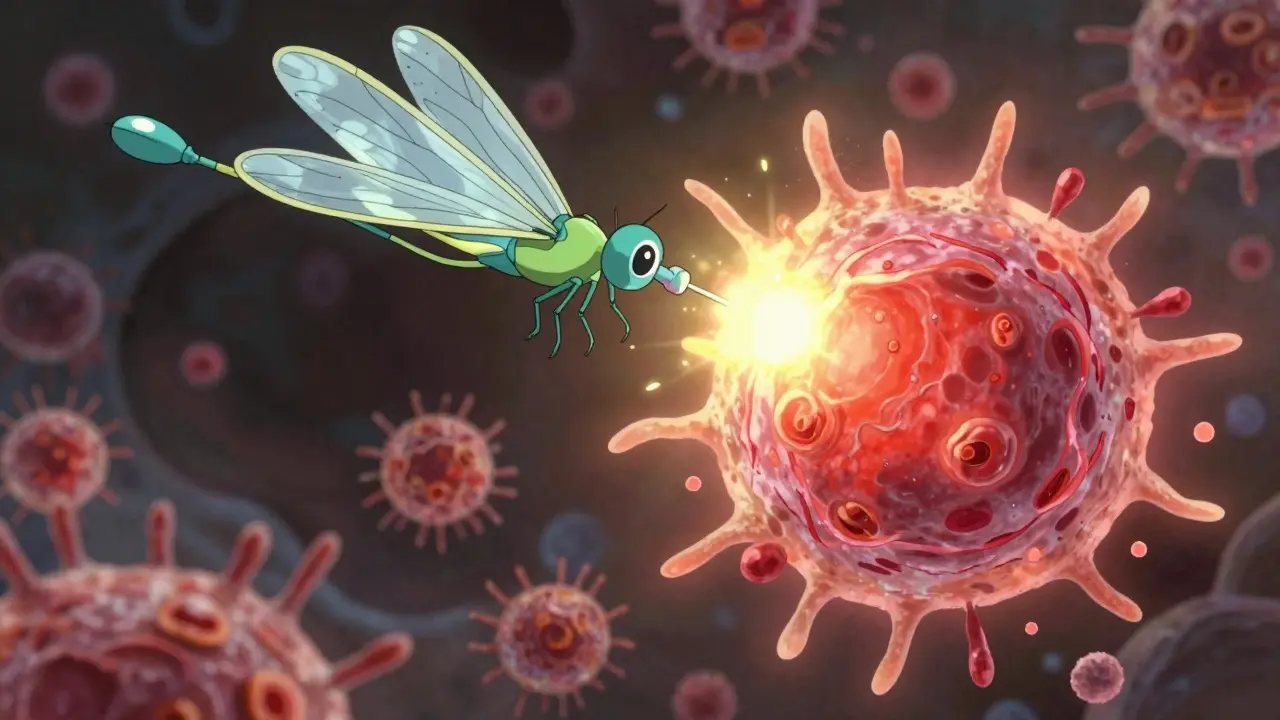 Un engin volant délivre une toxine dans une cellule cancéreuse, la transformant en pétales de lumière.