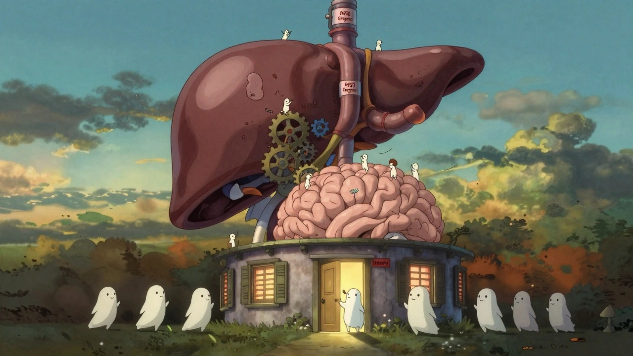 Un foie flottant dans le ciel avec des sprites ajustant des engrenages, une maison-brain aux portes qui se ferment.