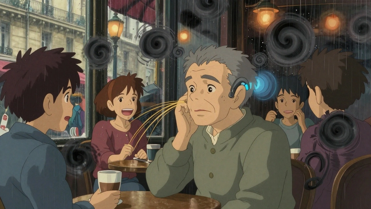 Un homme dans un café parisien essaie d'entendre ses amis, le bruit est représenté par des tourbillons sombres.