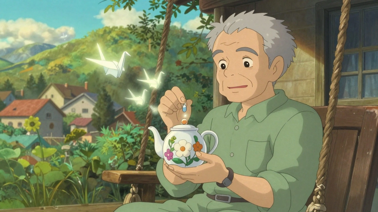 Un homme sur un hamac reçoit des oiseaux de papier lumineux qui deviennent des sourires en prenant ses médicaments.