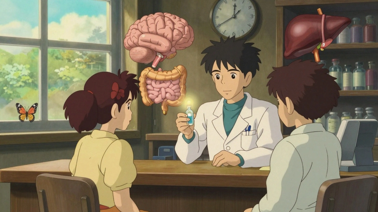 Un médecin et un patient à un comptoir de pharmacie, des systèmes corporels flottants réagissent différemment aux médicaments.