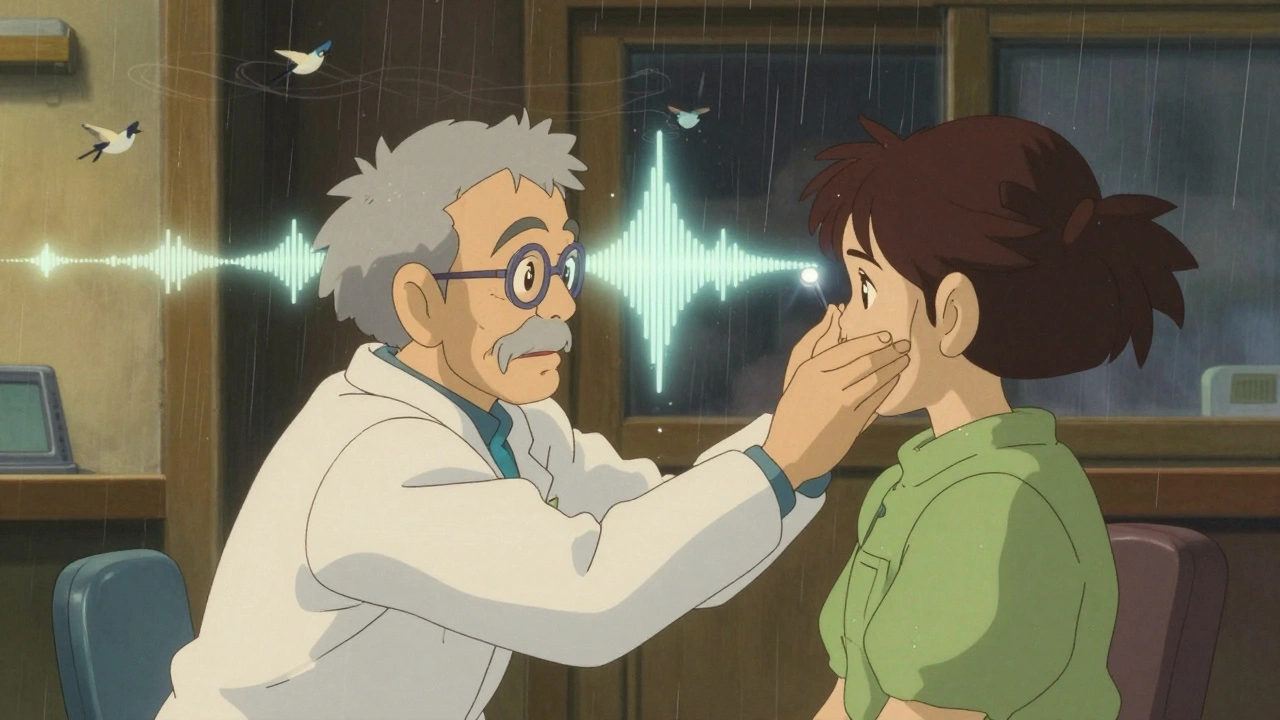 Un médecin examine l'oreille d'un patient dans un bureau chaleureux, tandis qu'un audiogramme lumineux flotte dans l'air avec des sons de pluie.