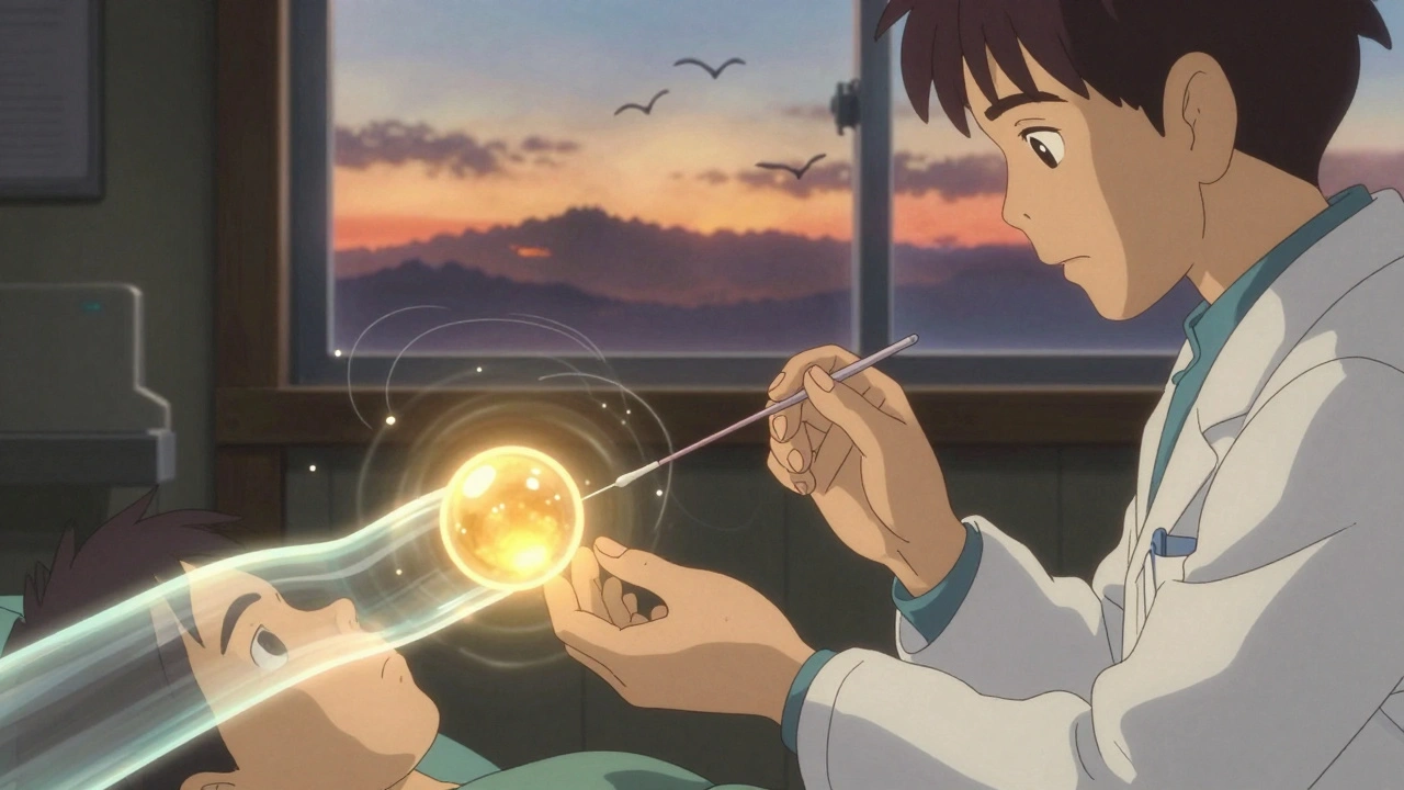 Un médecin insère un ballon dans le nez d&#039;un patient, des particules dorées indiquent la guérison.