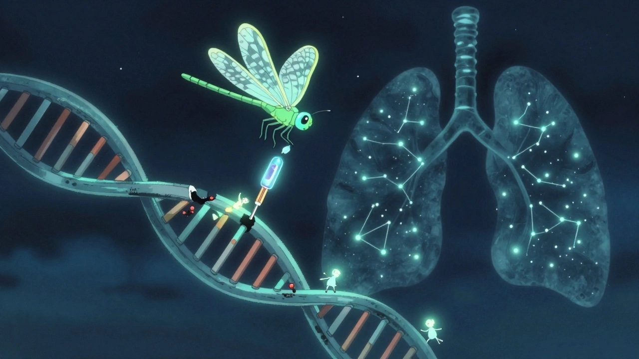 Un outil CRISPR en forme de libellule répare une hélice d'ADN sous un ciel étoilé en forme de poumon.