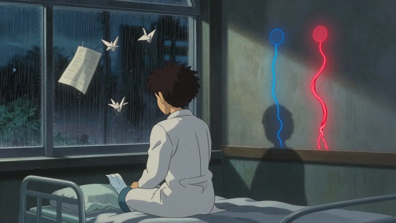 Un patient et un médecin regardent par la fenêtre, les effets d'un médicament représentés par des ombres distinctes.